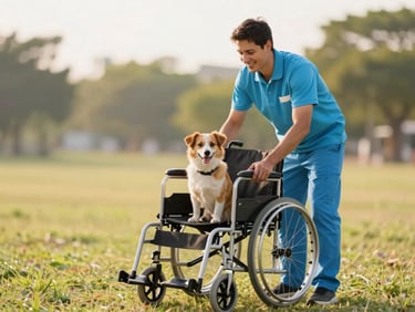 Voluntario sonriendo mientras ajusta una silla de ruedas veterinaria a un perro en un entorno natural, luz suave y cálida.