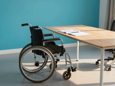 Mesa de reunión moderna con documentos y un modelo de silla de ruedas veterinaria en el centro, luz de día, profesional.