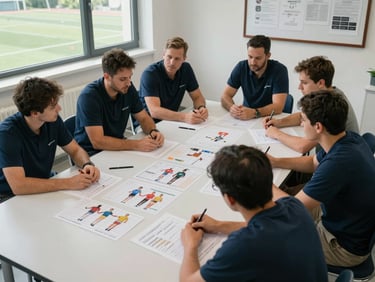 Wide environmental shot of a sports science team in a planning session around a table, printed athlete assessment charts visible, controlled indoor daylight, clinical and institutional setting, framed from slightly above to show the full table and staff