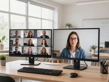 A teacher hosting a virtual session on dual monitors in a bright classroom, realistic educational environment, soft daylight, 35mm lens
