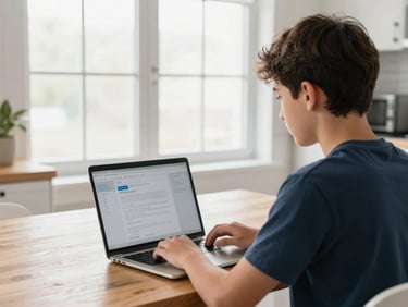 Over-the-shoulder view of an Indiana K-12 student using a laptop at a bright wooden kitchen table, soft morning window light, high contrast, 35mm lens.