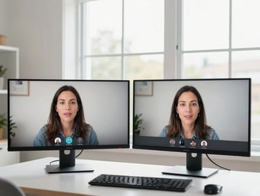 A female Indiana teacher hosting a virtual session on dual monitors, bright natural window light, focused expression, 35mm lens.