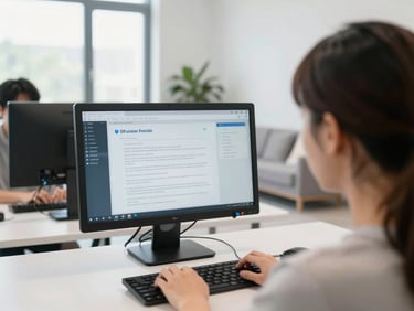 An over-the-shoulder shot of an adult learner focusing on a computer screen in a bright community center, natural indoor lighting, 35mm lens