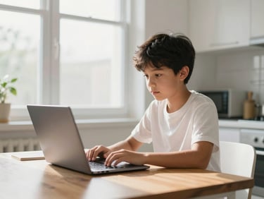 A young student using a laptop at a kitchen table, warm morning window light, realistic home environment, 35mm lens