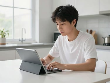 An adult student learning online at a clean kitchen table, focused on a tablet screen, bright natural lighting, 35mm lens.