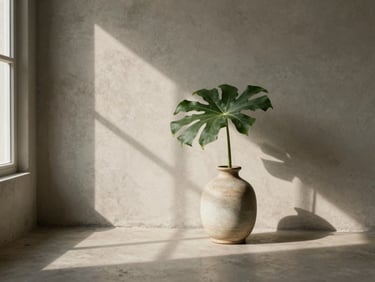 A minimalist room with soft morning light streaming through a window, casting gentle shadows on a concrete wall, a single green leaf in a ceramic vase, warm editorial photography