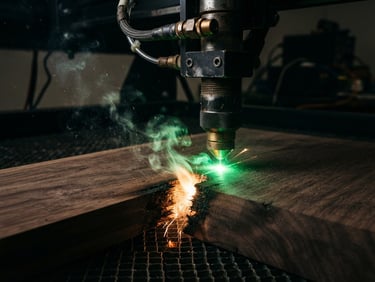 Extreme close-up of a high-power laser head cutting through thick dark walnut wood, bright green laser beam focused on the surface, dramatic workshop lighting, rich textures and smoke particles, 50mm lens