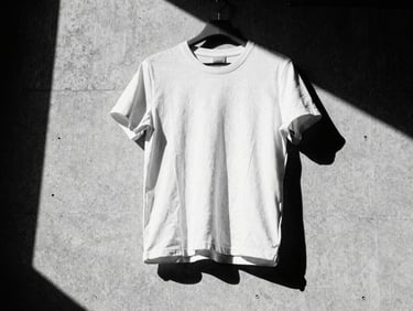 Low-angle shot of a t-shirt hanging perfectly structured, highlighting its architectural form against a stark concrete wall, harsh direct sunlight, deep shadows, monochrome black and white, 35mm film