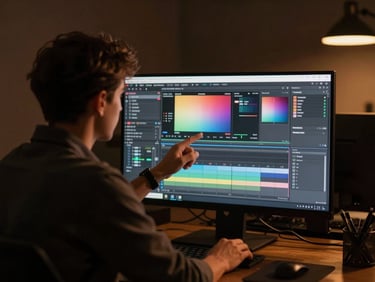Dramatic over-the-shoulder shot of a creative director reviewing color grading on an editing monitor, warm amber hues, dark studio.