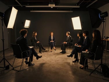 Wide anamorphic shot of a corporate interview set, professional lighting setups visible, deep shadows, golden accent lights.