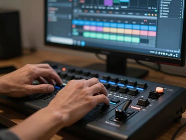 Close-up of hands on a professional editing keyboard and jog shuttle controller, color-correction software visible on monitor in background, cool blue screen glow, shallow depth of field, tungsten ambient light from left