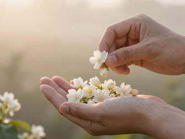 Hands harvesting delicate white jasmine buds at dawn, soft morning mist, shallow depth of field, warm editorial photography