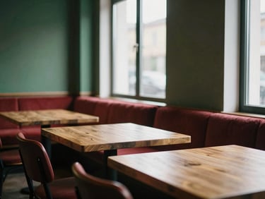 Cozy Scandinavian-style restaurant interior, soft diffused daylight, empty wooden tables, warm atmosphere