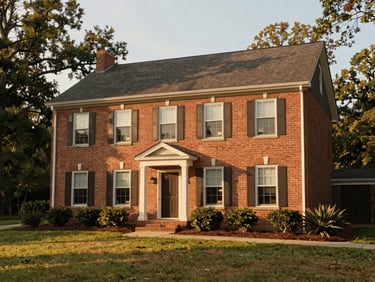 Exterior of a classic brick bungalow home in Hartsville SC, soft morning light, mature trees, realistic perspective