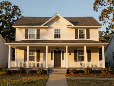 Front view of a charming craftsman style rental house in Darlington SC, warm afternoon sun, neat front porch