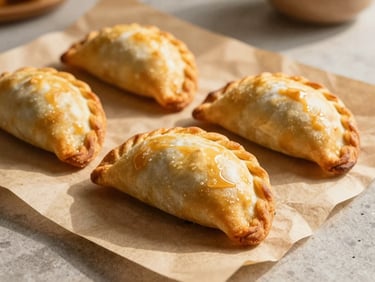 Baked golden Argentine empanadas on rustic parchment paper, warm kitchen environment, soft shadows