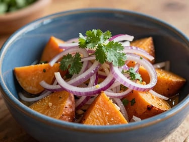 Close-up of a fresh Peruvian ceviche with red onions, cilantro, and sweet potato, served in a rustic blue ceramic bowl, natural bright sunlight, shallow depth of field