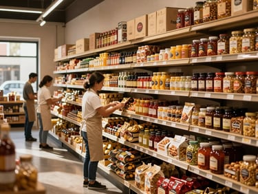 Wide shot of a clean, modern food warehouse in Madrid, warm lighting, shelves stocked with colorful authentic Latin American products, a team member in a clean apron organizing packages.