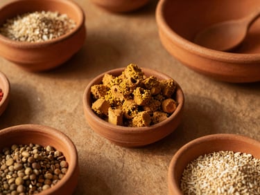 Overhead flat-lay of authentic Latin American ingredients, warm golden-hour sunlight, rich terracotta tones, shallow depth of field, 35mm