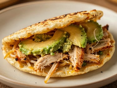 Golden corn arepa stuffed with shredded chicken and creamy avocado salad, warm lighting, macro shot