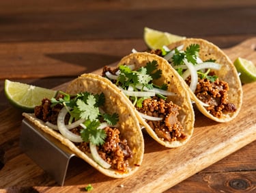 Three street tacos al pastor with fresh cilantro, onions, and lime wedges on a wooden board, warm natural light