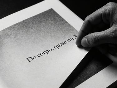 Close-up of a hand gently turning a textured, thick paper page of a black and white photography art book titled 'Do corpo, quase nu', chiaroscuro lighting, tactile details, off-white paper, deep shadows.