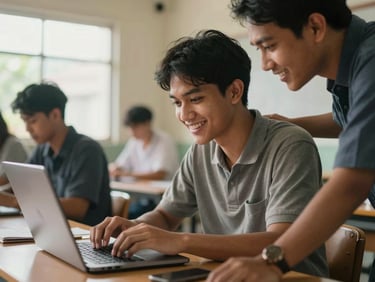 Medium shot of an adult student in Indonesia smiling while typing on a laptop in a warm daylight classroom, a tutor guiding them gently from the side, natural lighting, highly focused and encouraging atmosphere.