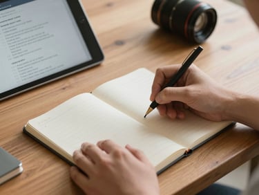Close-up of hands writing in a notebook next to a tablet showing educational slides, warm daylight illuminating a wooden table in a quiet room.