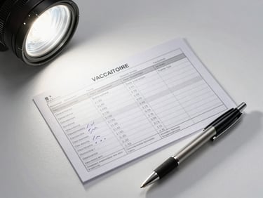 Flat-lay overhead shot of a vaccination record card on a clean white surface, sharp studio light from above left, the card filled with handwritten batch numbers and vaccine names in Spanish, a ballpoint pen resting diagonally across the lower right corner, no shadows, clinical clarity