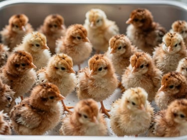 Extreme close-up flat-lay of Novogen Brown day-old chicks in a sorting tray, north-facing daylight, dense tawny-brown down, overhead clean framing, hatchery white surface