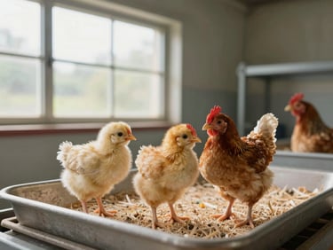 Medium-wide shot of Rhode Island Red day-old chicks in a handling tray inside a hatchery facility, north-facing daylight from a high window, three chicks visible in close operational context, studio-clear product lighting, no pastoral elements