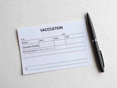 Overhead flat-lay of a handwritten vaccination record card on a plain light surface under studio-clear diffuse light, the card showing two vaccine entries with dates, batch number notation visible, a pen resting beside the card — no hands, no branding, clinical documentation framing