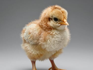 Extreme close-up flat-lay overhead of a Novogen Brown three-day-old chick on a plain studio surface, light cream and warm brown down in sharp focus, studio-clear north-facing daylight, minimal background