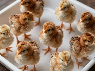 Extreme close-up flat-lay of Rhode Island day-old chicks in a handling tray, north-facing studio daylight, chestnut-brown down visible, clean white tray surface, overhead framing