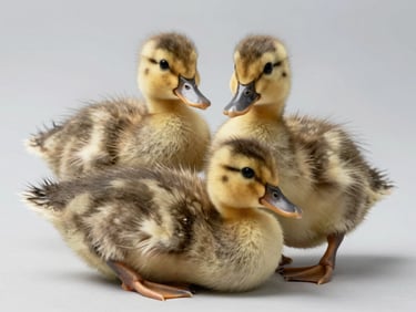 Extreme close-up flat-lay overhead of a Muscovy duckling three days old on a plain studio surface, yellow-grey down in crisp focus, north-facing facility daylight, studio-clear background
