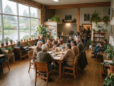 Wide environmental shot of a sunlit community room in Washington, soft overcast window light, wooden chairs, indoor plants, warm 35mm editorial photography, muted earth tones.