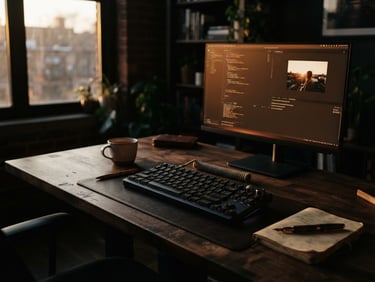 Moody editorial workspace, a high-end mechanical keyboard on a dark wooden desk, soft golden-hour ambient light reflecting off a sleek monitor, cinematic 35mm