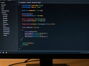 Close-up of clean code on a dark screen, soft golden light illuminating the monitor edge, professional workspace atmosphere, rich dark tones