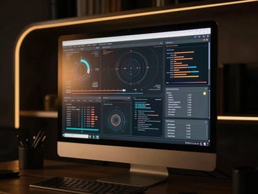 A high-end modern workspace with abstract data visualizations on a vertical monitor, moody low-key lighting, gold accent lines, 35mm photography