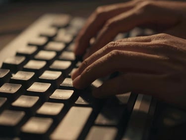 Macro close-up of hands typing on a mechanical keyboard, warm golden light reflecting off keycaps, deep shadows, cinematic depth of field