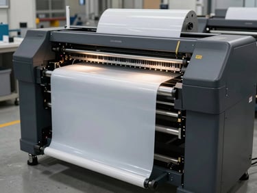 3/4 front angle of an eco-solvent wide-format printer, take-up reel loaded with vinyl media, hard key light illuminating the print-head carriage and ink cartridge bay, industrial floor setting