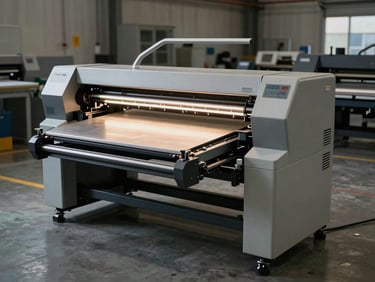New UV flatbed printer in 3/4 front view on a factory floor, hard studio key light illuminating the flatbed platen and gantry rail, machine serial plate visible, no operators present