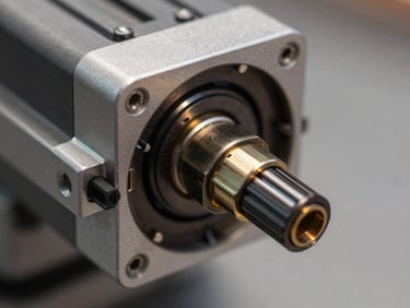Close macro detail of an industrial print head assembly, nozzle plate under hard directional light, ink channels and electrical connector visible, shallow depth of field isolating the mechanical geometry