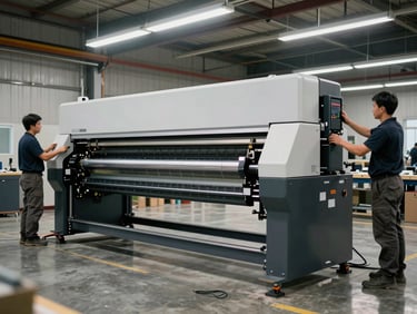 Installation crew positioning a large DTF printing machine on a factory floor, technicians in work clothes adjusting mounting brackets under fluorescent lighting, concrete floor and cable trays visible