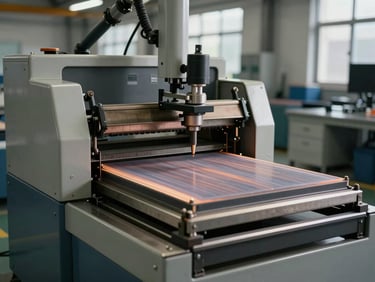 3/4 front view of an industrial heat press machine with open platen showing heating element surface, studio hard light emphasizing the platen frame and pressure mechanism, factory floor background