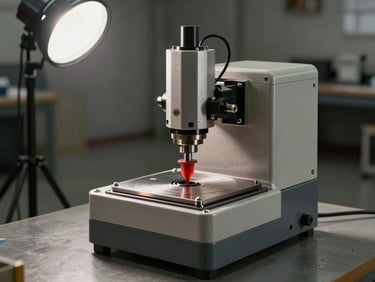 3/4 front view of a pad printing machine with ink cup and cliché plate assembly visible, hard studio key light from above left showing mechanical detail of the pad arm and drive mechanism, industrial floor setting