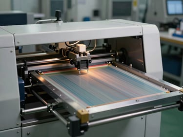 3/4 front angle of an automatic screen printing carousel machine showing print heads and screen frames loaded, hard directional light revealing mesh tension and squeegee assembly, factory production environment