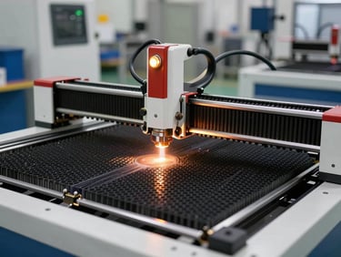 3/4 front angle of an industrial CO2 laser engraving and cutting machine with open lid showing honeycomb cutting bed, hard key light revealing beam delivery rail and lens carriage, production facility background