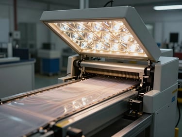 3/4 front view of a UV coating and curing conveyor machine showing UV lamp chamber and substrate conveyor belt, hard key light from above emphasizing the lamp housing reflector array and exit chute, production floor setting