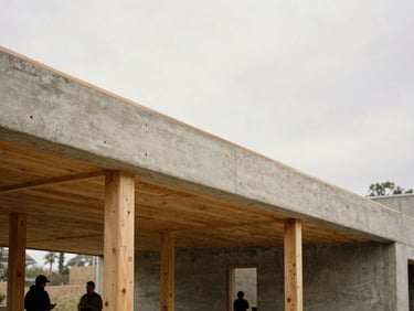 An architectural detail of a newly constructed community center, concrete and warm timber, overcast daylight.